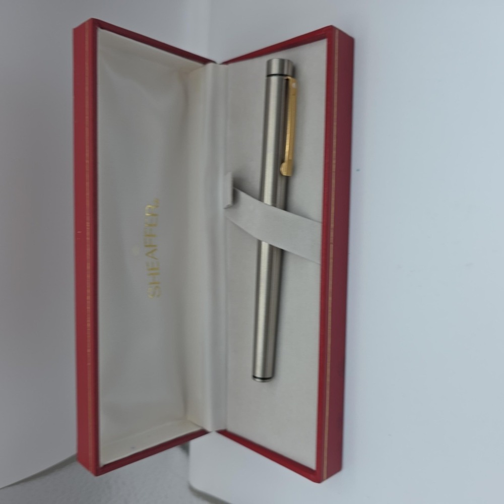 Vintage Sheaffer Steel Ballpoint Pen Gold Trim Red Case Made USA Boxed W Papers
